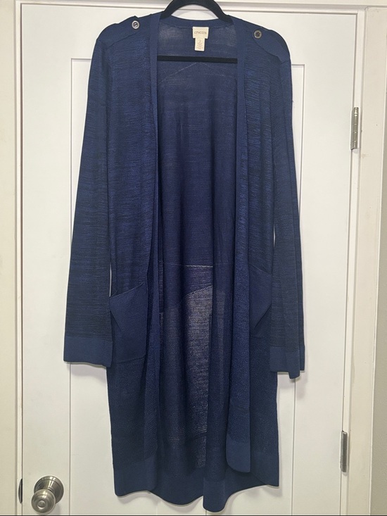 Chico's Sweaters - Chico’s Long Navy Black Cardigan Size 2 Duster Open Front Lightweight Layer